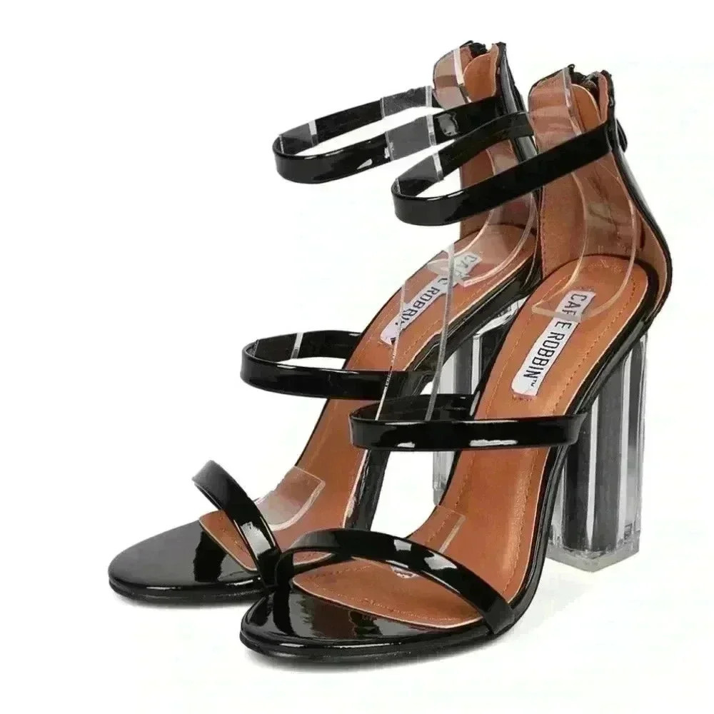 CAPE ROBBIN Maria black strappy glitter core block heel sandals - Picture 2 of 9
